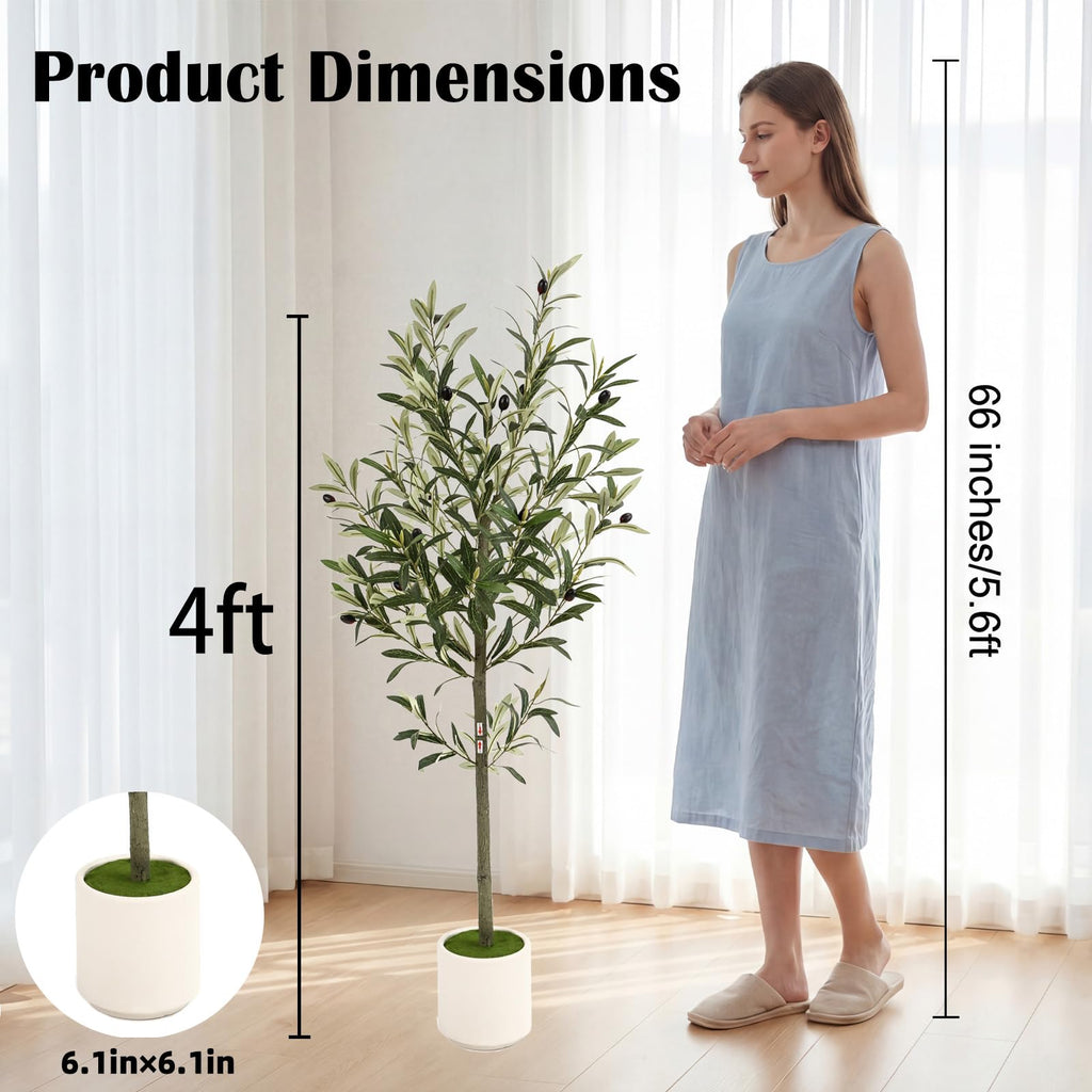 4ft Spherical Fake Olive Tree Artificial Indoor, Faux Olive Tree with Pot, Large Olive Branches and Lifelike Fruits