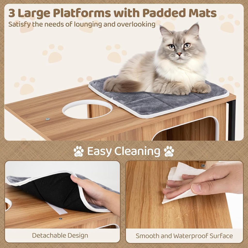 Modern Cat Tree, 52 Inch Wooden Cat Condos with Metal Frame, Sisal Scratching Posts & Board, Washable Cushions