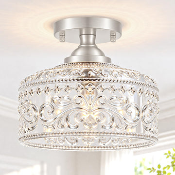 Brushed Nickel Semi Flush Mount Ceiling Light, Antique Ceiling Light with Glass, Indoor Close to Ceiling Light