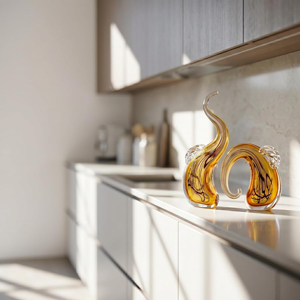 Hand Blown Elephant Statues Set - Luxury Sculptures Home Decor Art Glass Ornament Animal Collectible (Gold) - Set of 2