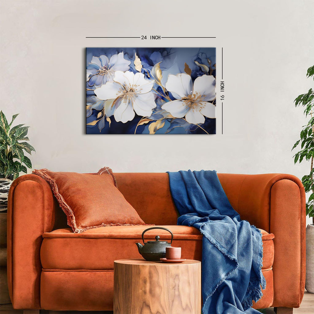 Abstract Flower Canvas Wall Art Blue and Gold Wall Decor Modern Marble Floral Picture Canvas Prints Bedroom