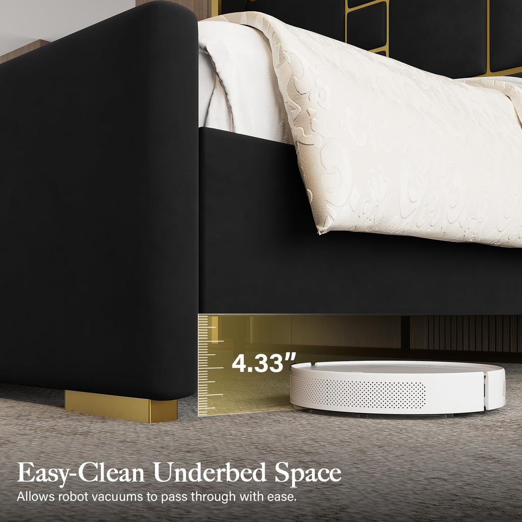 King Bed Frame and Gold Trim Headboard, Upholstered Bed, Black