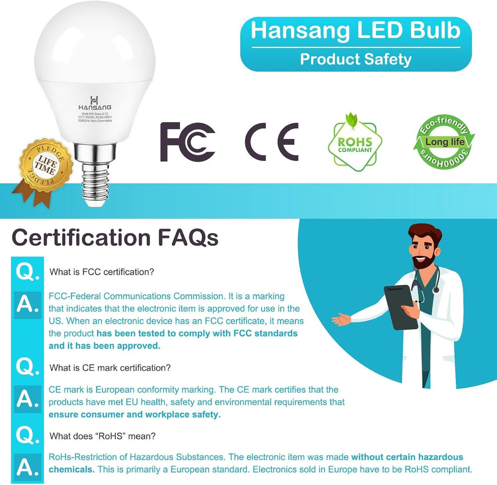 8 Pack E12 LED Ceiling Fan Light Bulbs 6W, 60W Equivalent 5000K Daylight