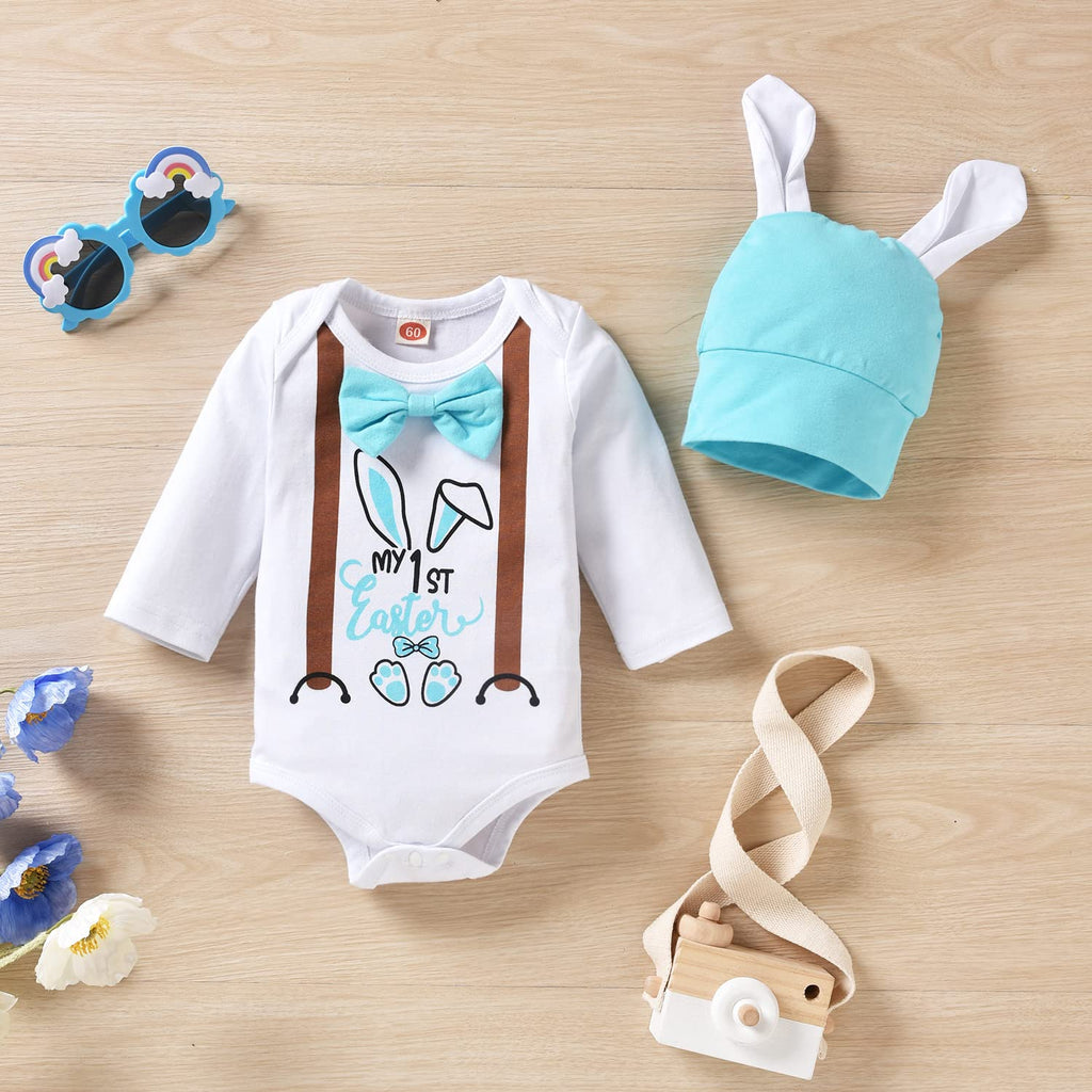 My First Easter Outfit Preemie Newborn Infant Baby Boy Long Sleeve Bow Tie Romper Bunny Pants Sets with Hat 1st
