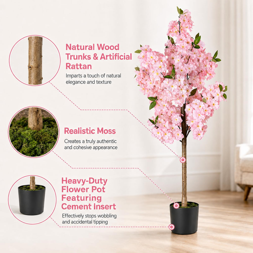 Cherry Blossom Tree 4FT Artificial Plants Indoor - Reinforced Spiral Connection Base & Anti-Shedding Silk Sakura