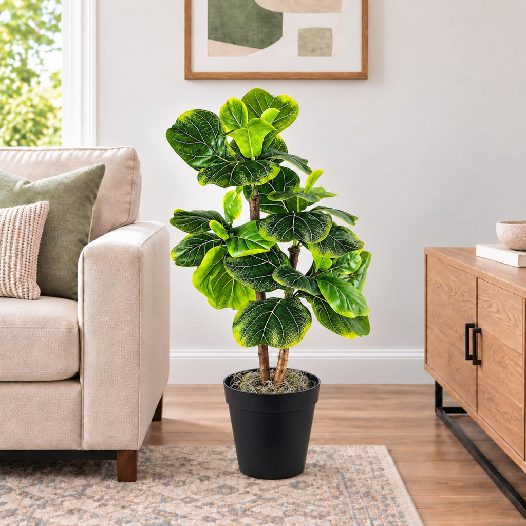 Artificial Plant, 3ft Artificial Fiddle Fig Tree in Black Pot - Real Wood Trunk by, Preassembled, No Maintenance