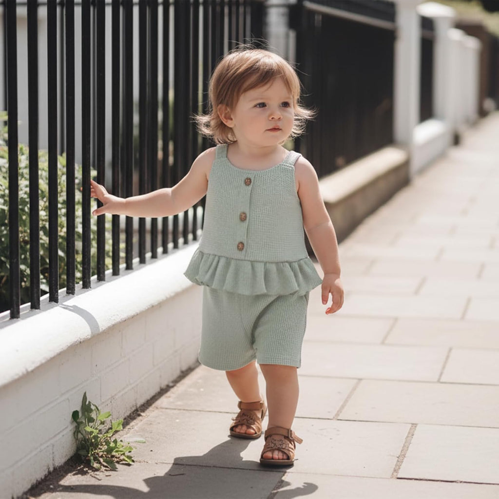 Toddler Baby Girl Summer Outfits Solid Color Waffle Sleeveless Ruffle Tank Tops Shorts Set Cute Infant Clothes