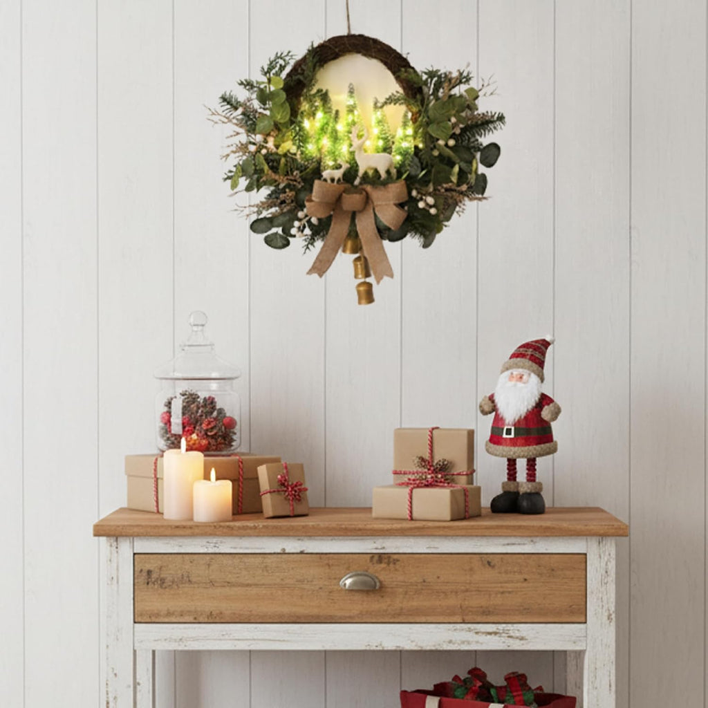 Lighted Christmas Wreath with LED Lights & White Deer, Bottle Brush Trees, Burlap Bow and Bells, Artificial Greenery