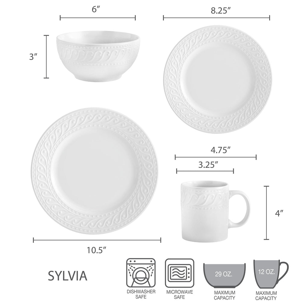 Sylvia Dinnerware Set 32-Piece Service for 8 - White Porcelain Dinner Plates, Salad Plates, Soup Bowls and Mugs