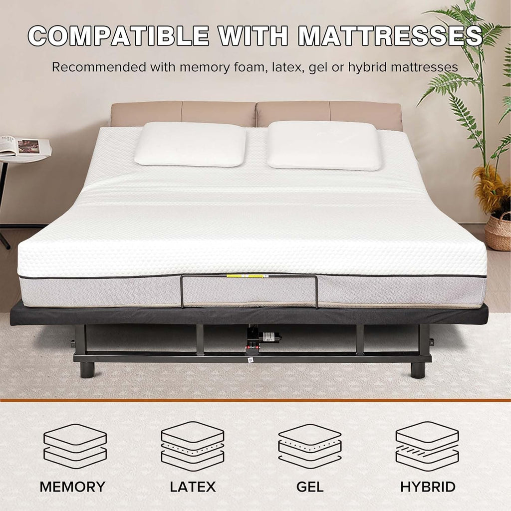 King Size Adjustable Metal Bed Frame with Wireless Remote Control and Quiet Motor, Independent Head and Foot Incline
