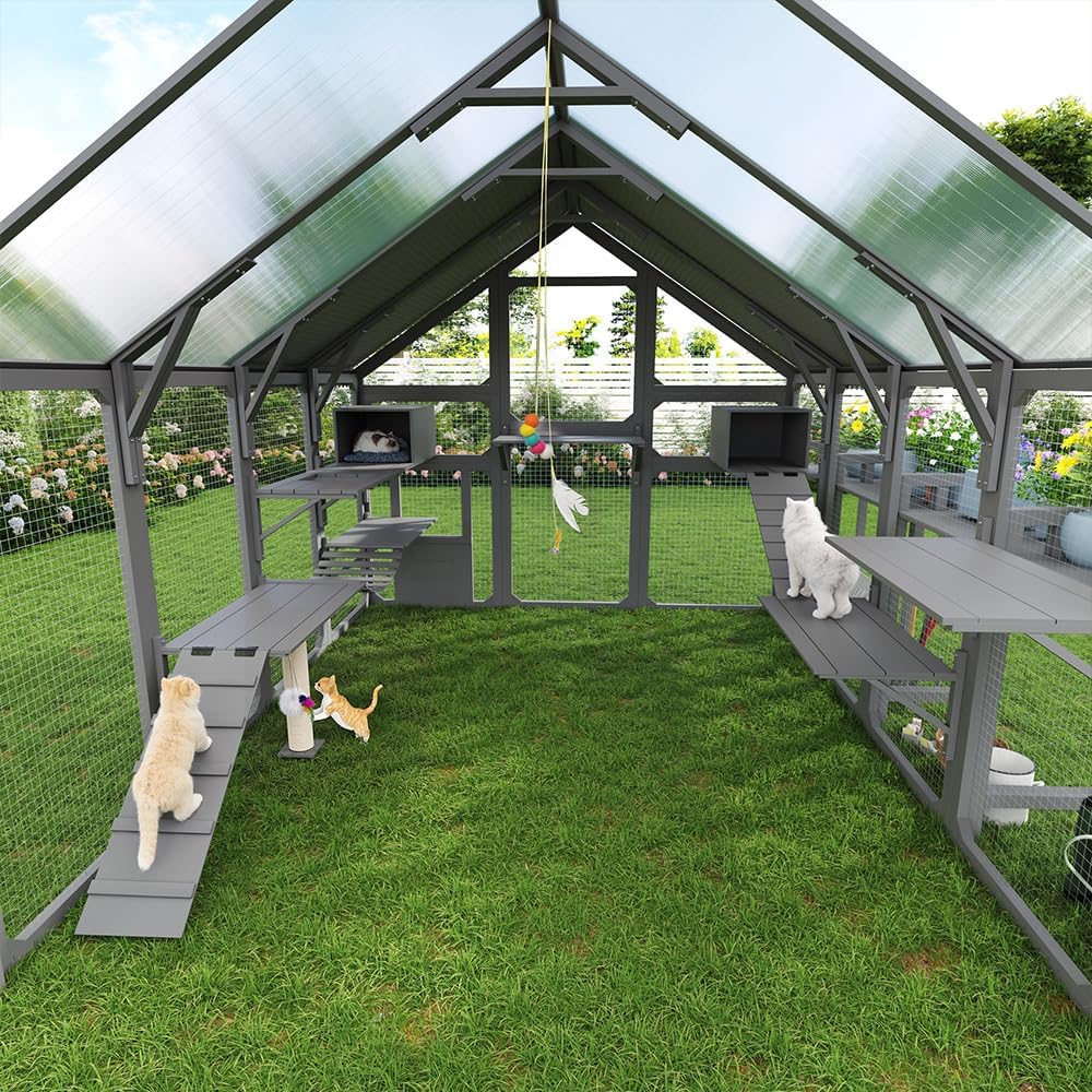 Extra Large Catio Outdoor Cat Enclosure, Freestanding Walk-in Wooden Cat House with Planter Stand, Hanging Bridge