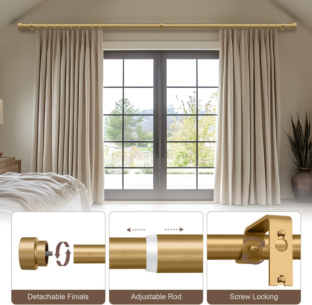 Modern Gold Curtain Rods for Windows 28 to 48 Inches Adjustable Length Heavy Duty 1" Diameter Window Curtain Rod with