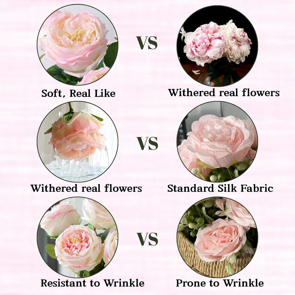 Real Touch Peonies Artificial Flowers, Blush Pink Fake Roses with Stem - Set of 6
