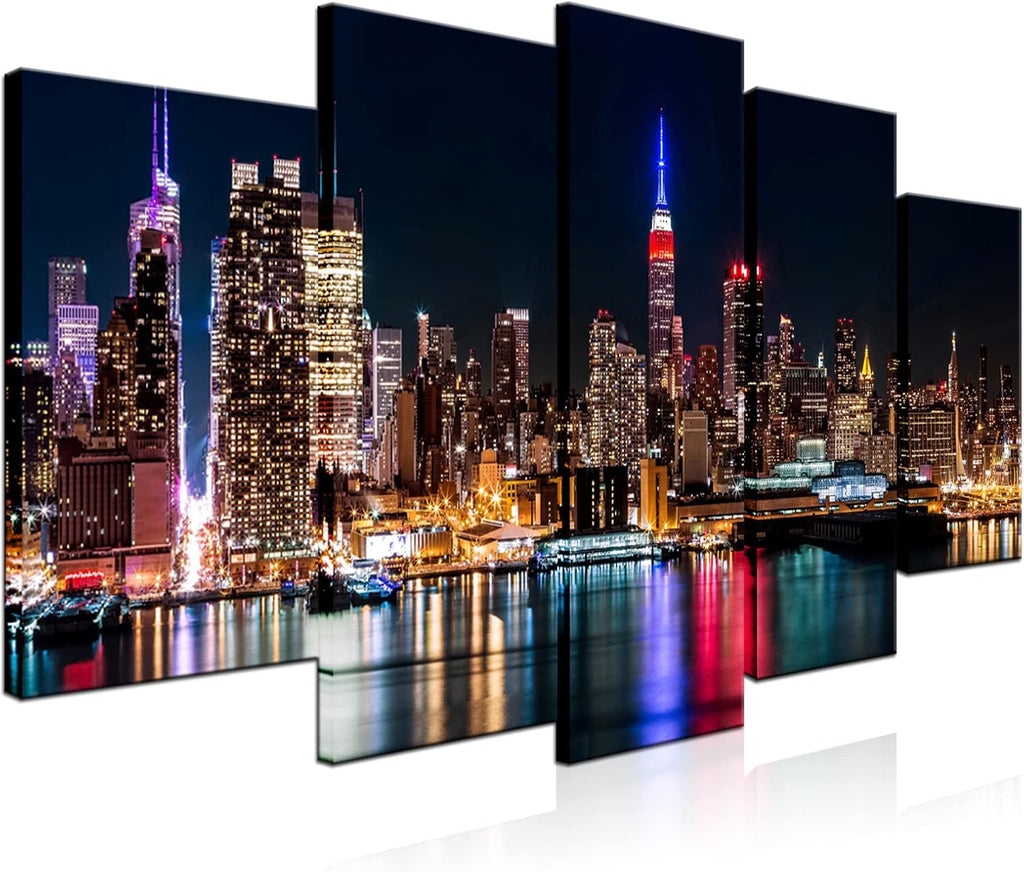 Large 5 Piece New York City Canvas Wall Art Manhattan Skyline at Night Picture Prints Modern Home Office Wall
