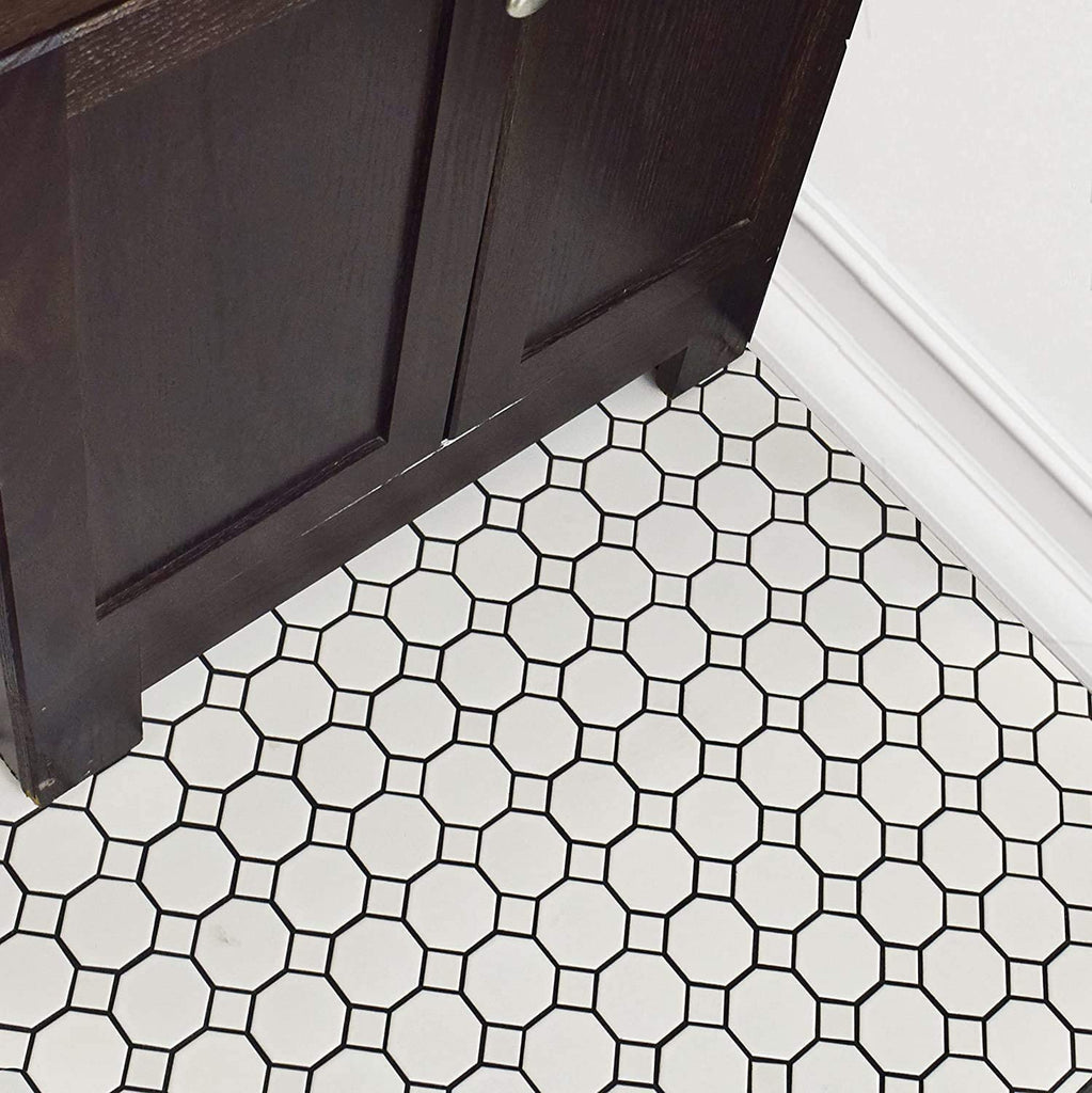 12x12 Matte White Octagon Porcelain Mosaic Tile with Matte White Dots Floor, Kitchen Backsplash, Shower Wall