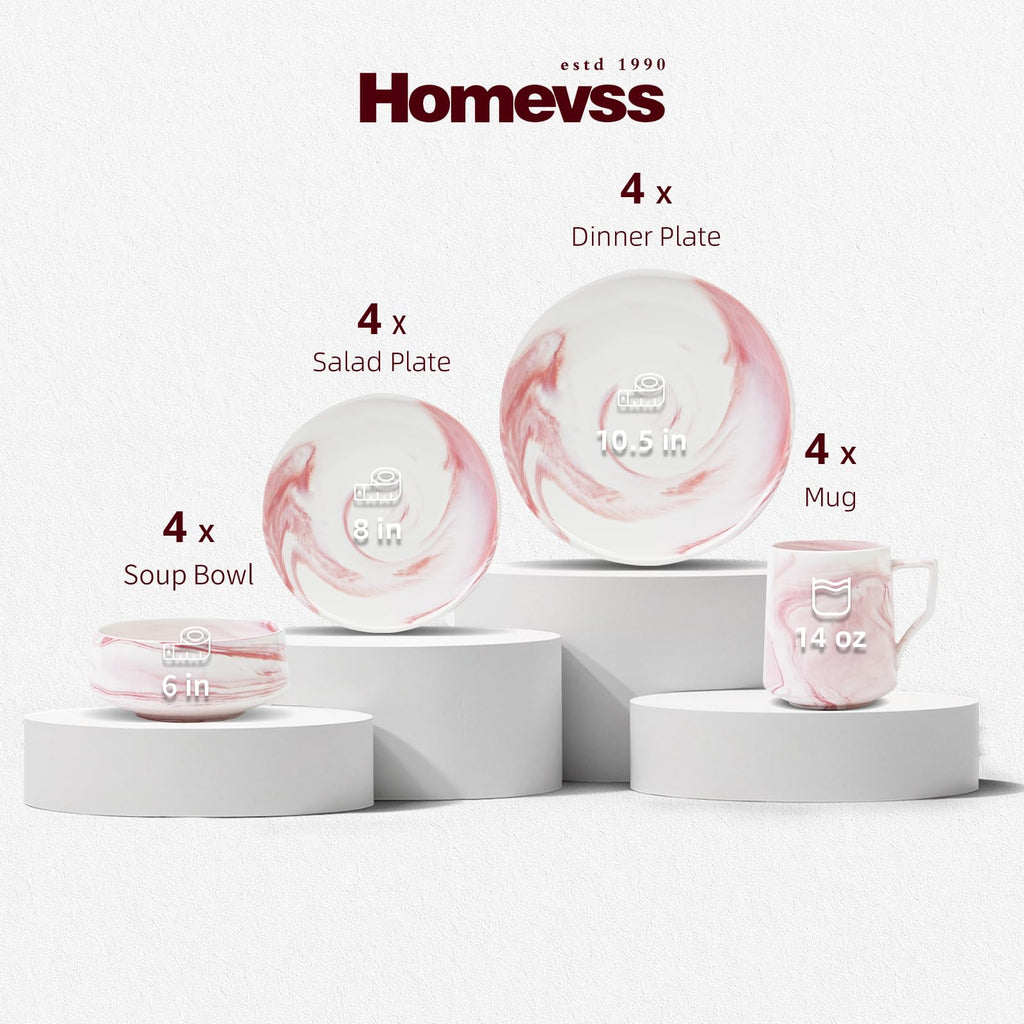16pc Fine China Dinnerware Set for 4, Artisan Marbled Pink