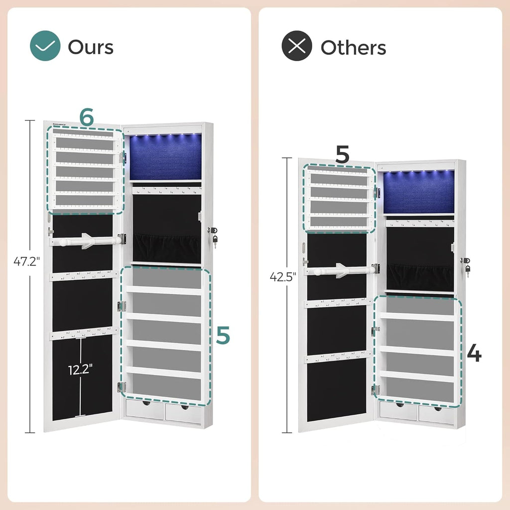 6 LEDs Mirror Jewelry Cabinet, 47.2-Inch Tall Lockable Wall or Door Mounted Jewelry Armoire Organizer with Mirror, 2