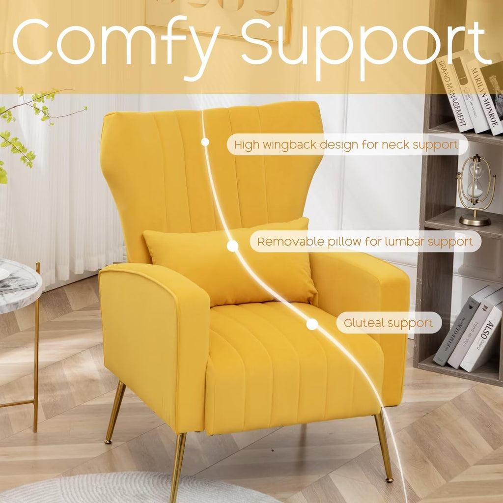 Accent Chair High Back Arm Chair, Upholstered Wingback Armchair with Golden Legs Lumbar Pillow, Single Sofa Reading