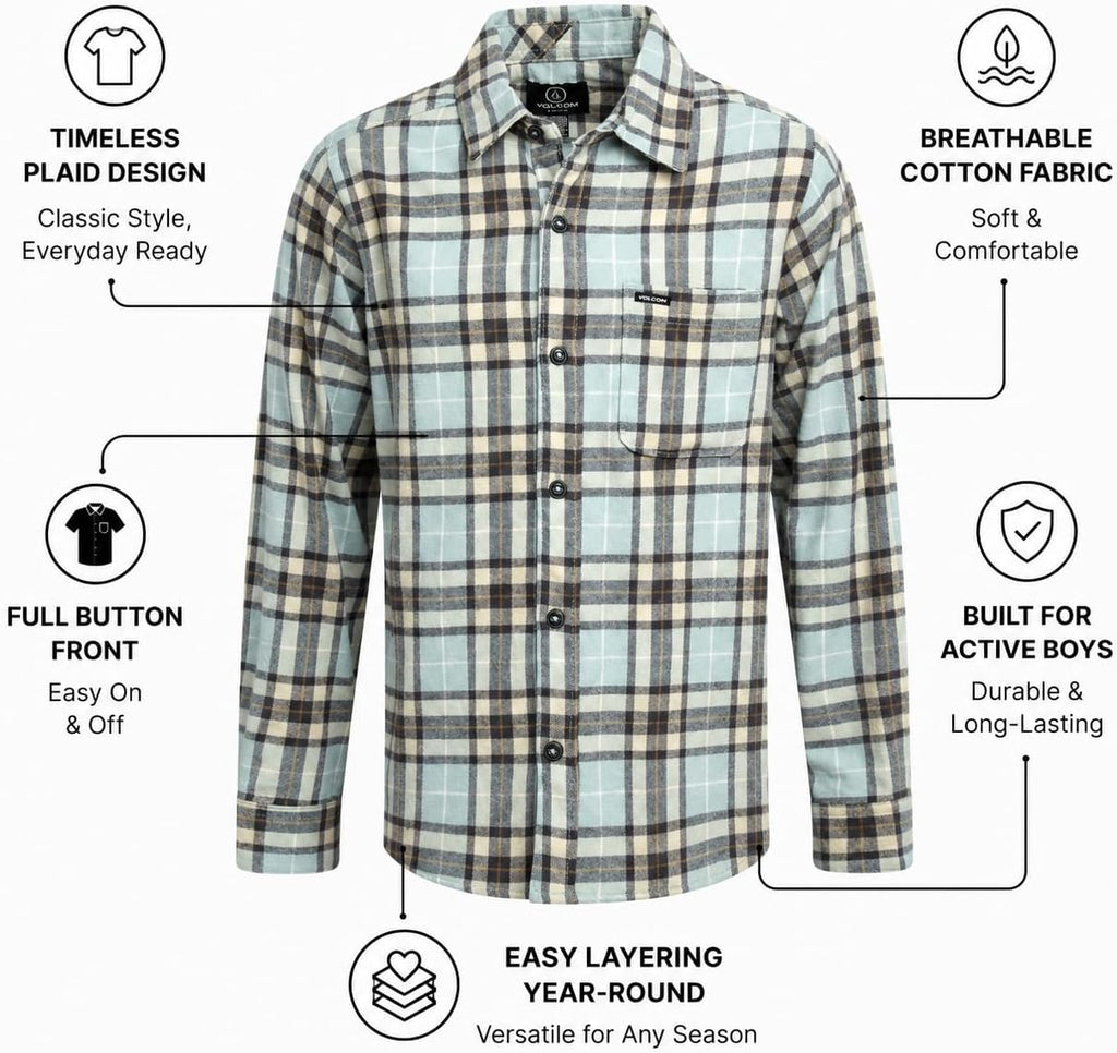 Boys Button Down Shirt - Long Sleeve Plaid Collared Shirt for Boys