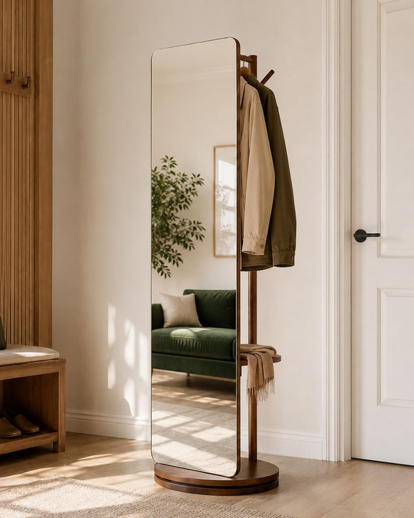 Solid Wood Mirror Coat Rack, Full Length Mirror with Stand Walnut
