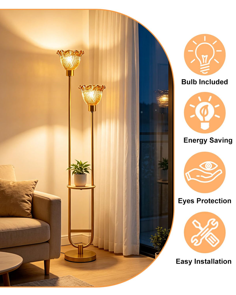Amber Glass Floor Lamp with Table 2-Lights Modern Gold Tall Lamps
