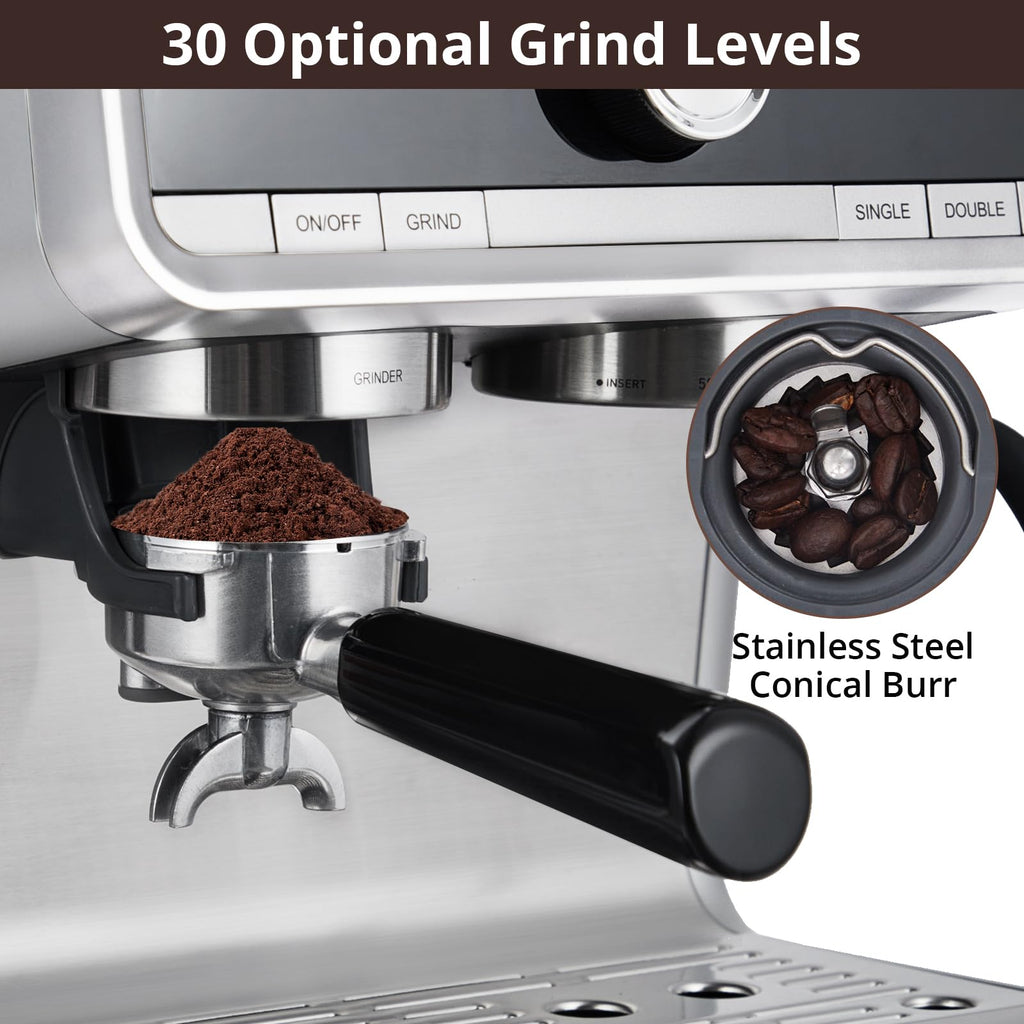 Espresso Machine With Grinder, 20 Bar Professional Coffee Maker With Milk Frother Steam Wand for Cappuccino, Latte
