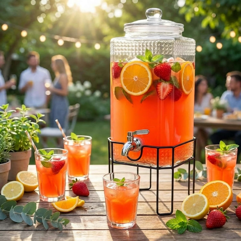 2 Gallon Glass Drink Dispenser, Drink Dispensers for Parties, Beverage Dispenser with Stand and Glass Lid, 100%