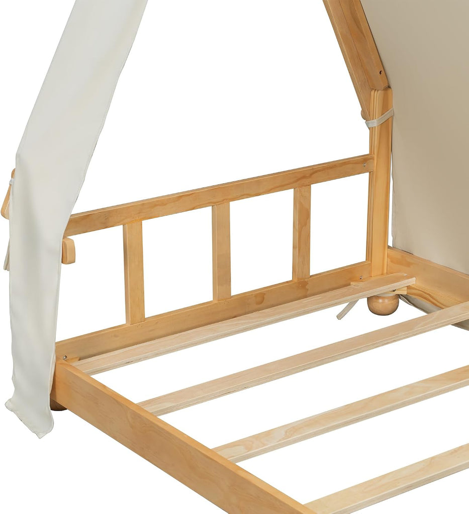 Twin Size House Bed with Tent & Light, Wooden Full Montessori Floor Beds for Kids with Roof, DIY Playhouse, No Box