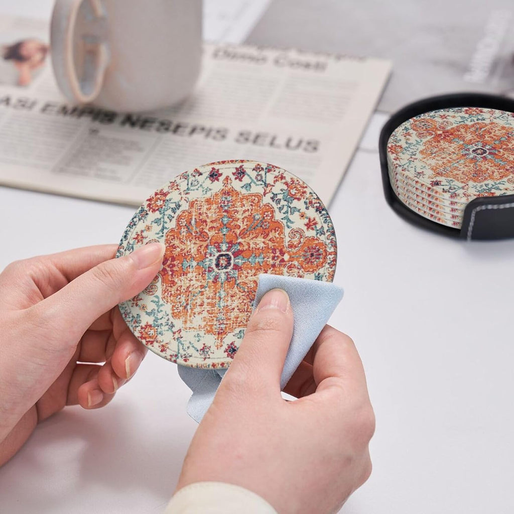 Vintage Retro Ethnic Boho Coasters for Drinks Round Leather Coaster with Holder for Tabletop Protection Desk - Set of 6