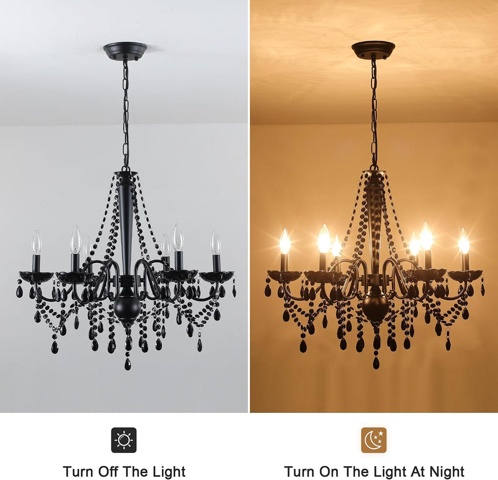 Black 6 Light Crystal Candle Chandelier - French Country Farmhouse, H21.3" x W24.8"