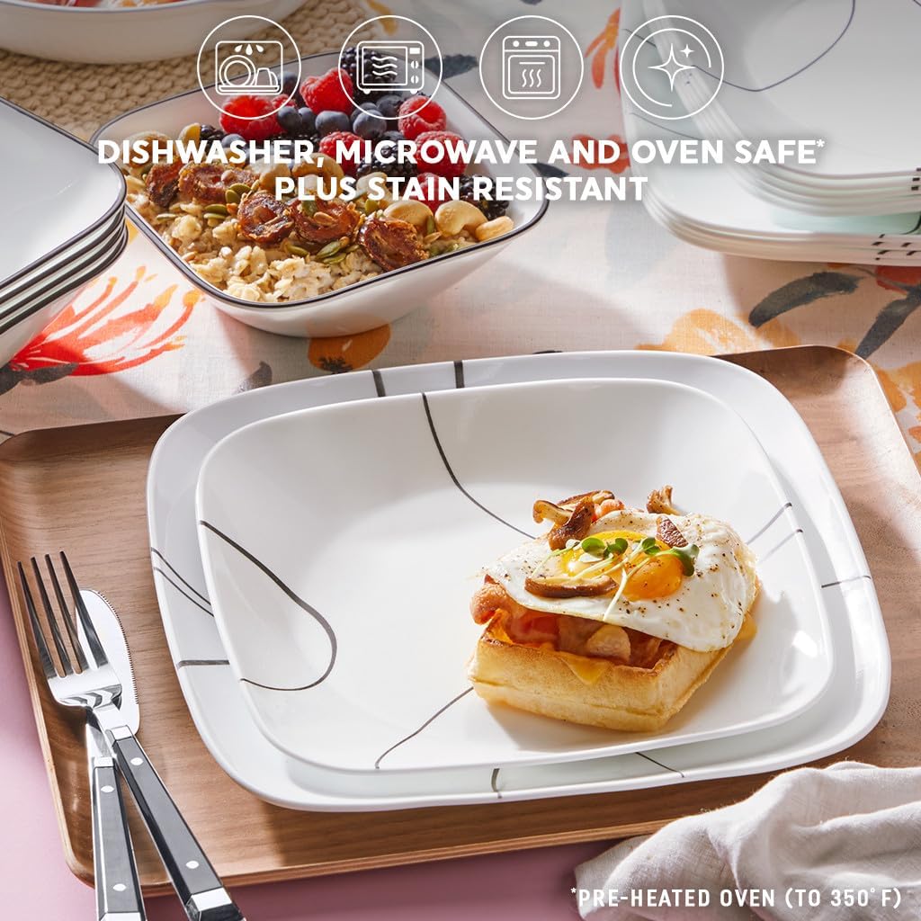 18-Piece Service for 6 Dinnerware Set Triple Layer Glass and Chip Resistant, Lightweight Square Plates and Bowls Set