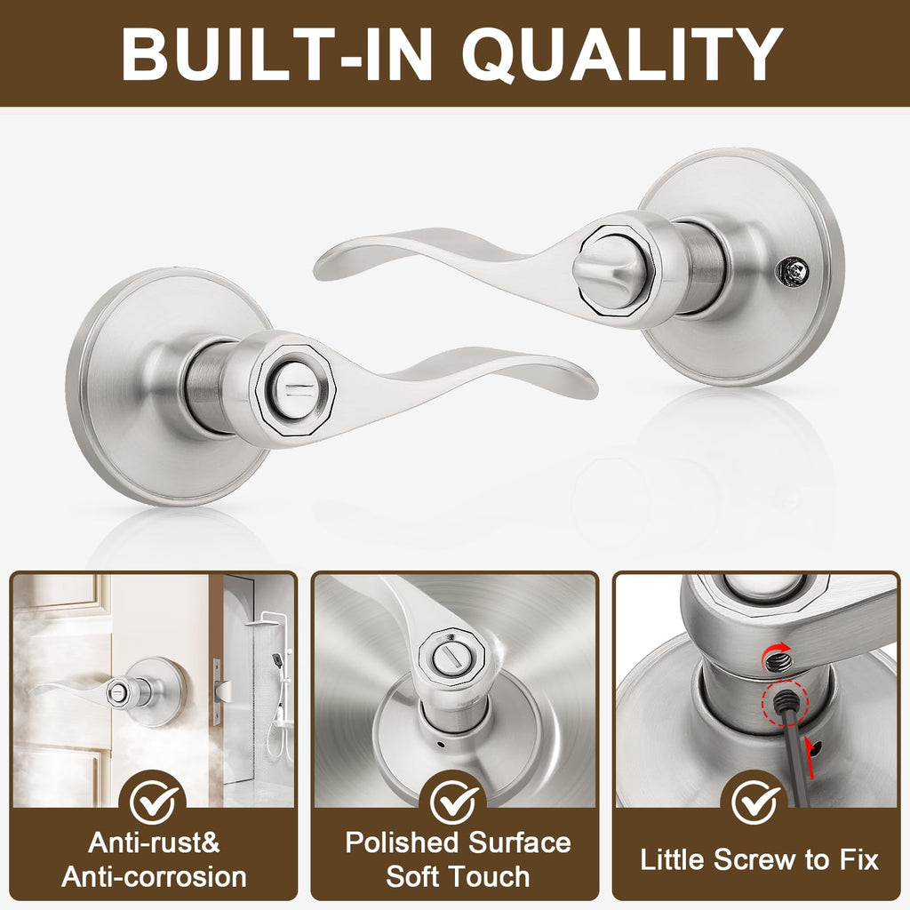 6 Pack Privacy Door Handle Brushed Nickel, Keyless Bedroom Interior Door Handles with Lock Modern Door Handles Wave