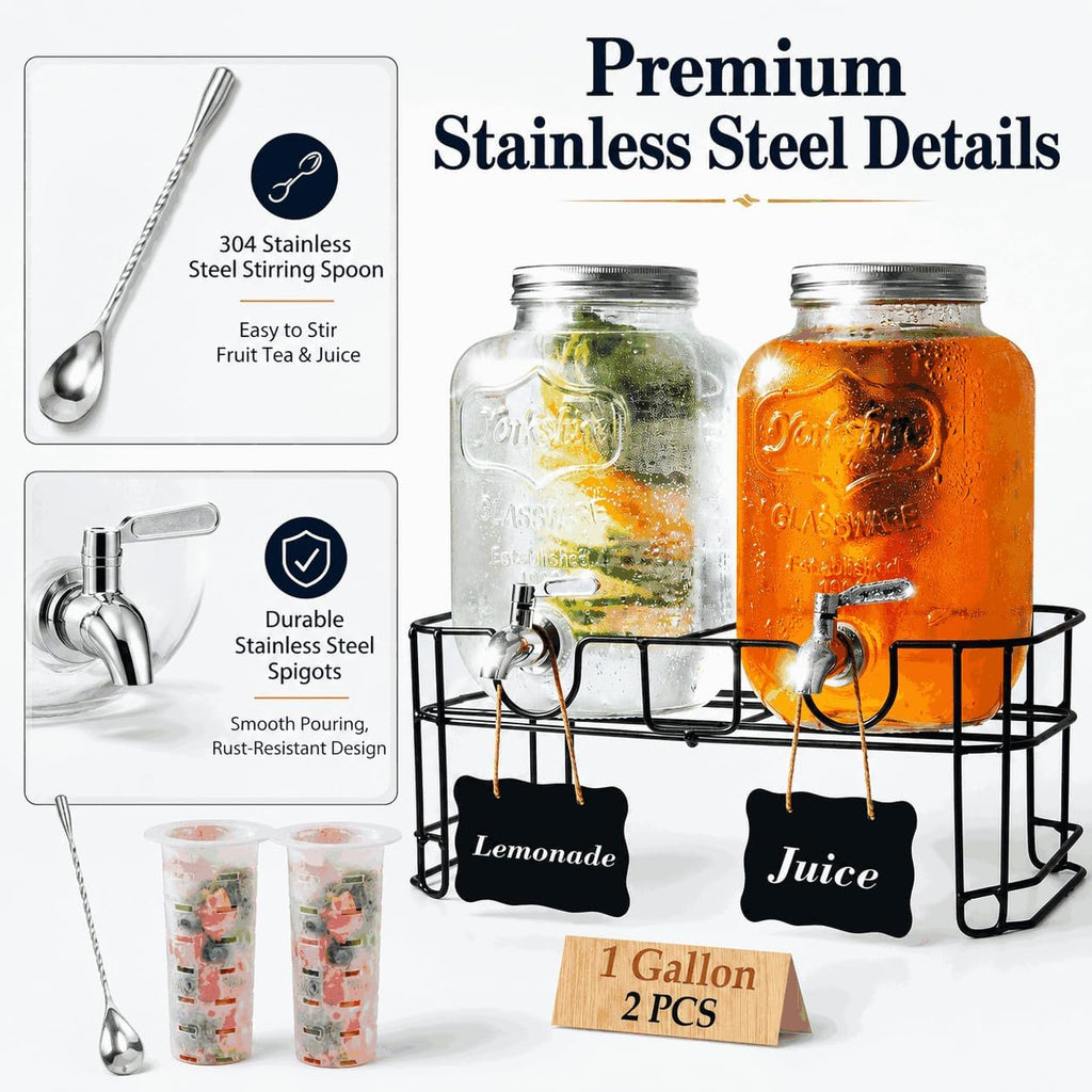 2-Pack 1-Gallon with Heavy-Duty Wire Stand - 304 Stainless Steel Spigot & Mixing Spoon - 100% Leakproof Mason Jar - Set of 2