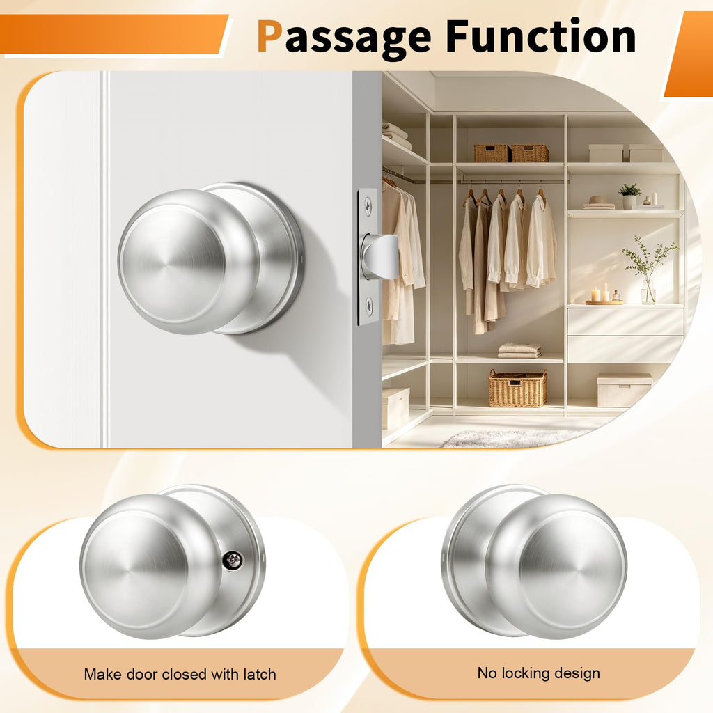 8 Pack Interior Door Knobs Passage Function, Brushed Nickel Finish Closet Door Handles Keyless Levers French Doors