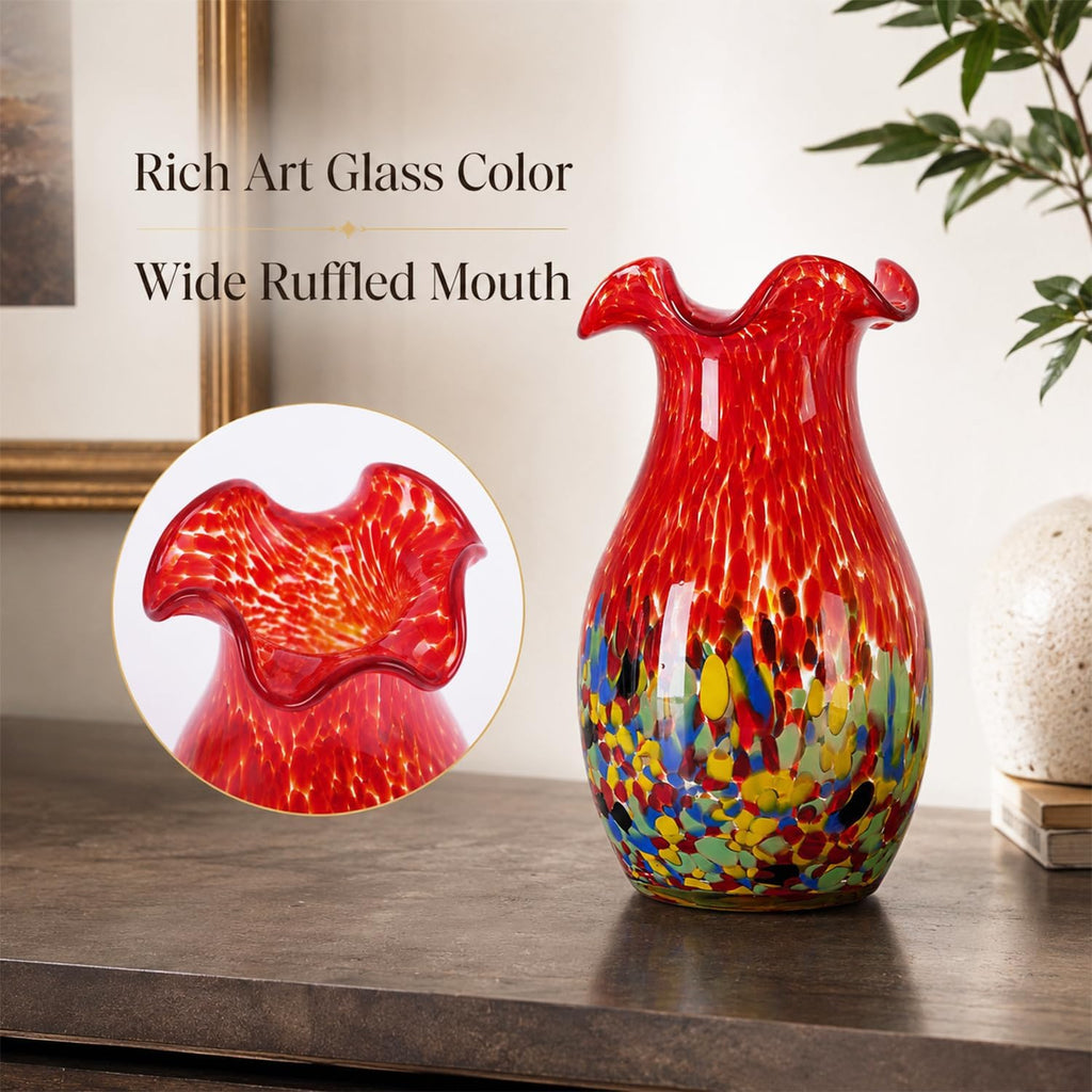 10.6in H Red Hand Blown Glass Vase, Beautiful Wide Mouth Glass Flower Vase