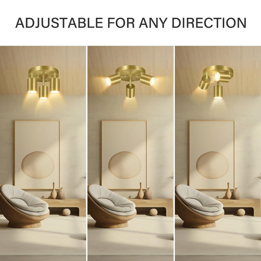 LED 3 Light Track Lighting Kit, LED Track Lighting Fixtures, Gold Round Ceiling Spot Lighting, Flexibly Rotatable