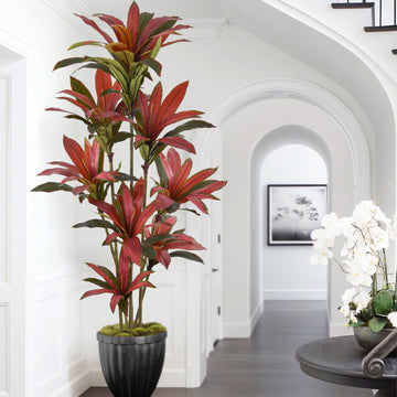 Artificial Dracaena Tree 7ft(84in) Tall Large Faux Silk Plants with Realistic Trunks and Red Leaves, Fake Floor