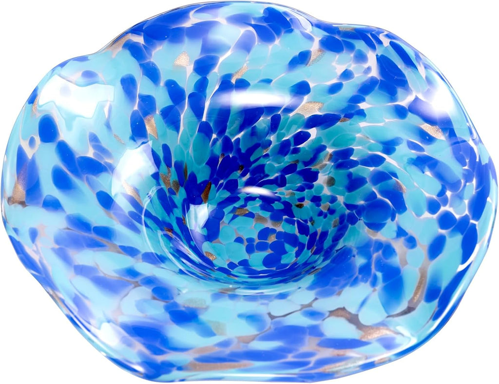 Hand Blown Murano-style Art Glass Bowl, 10.2-Inch Large Decorative Centerpiece for Table, Cobalt Blue Fruit Display &