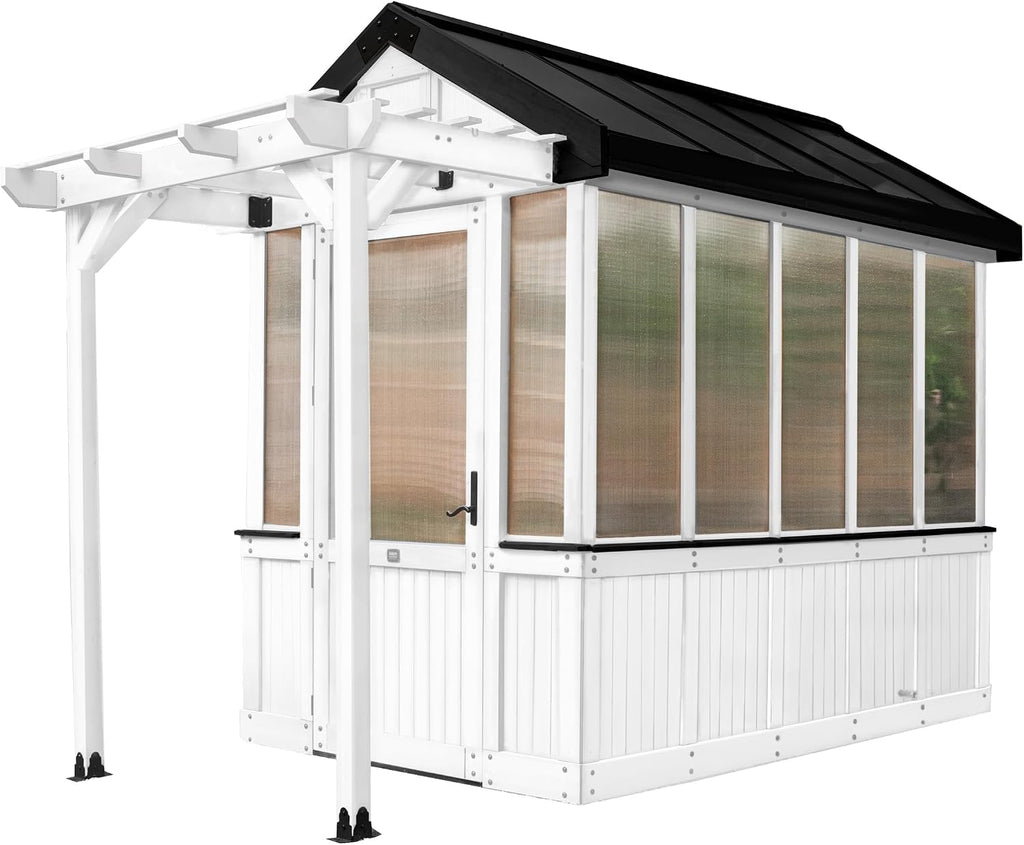 Bellerose 9' x 6' White Cedar Wood and Polycarbonate Walk-in Greenhouse Kit with Pergola, Exhaust Fan, Window, Hose