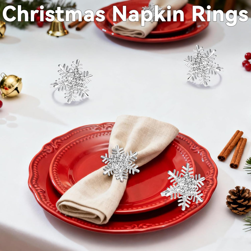 Christmas Silver Snowflake Napkin Rings, Napkins Ring for Dinning Table - Rustic Dinner Tables Decoration - Set of 12