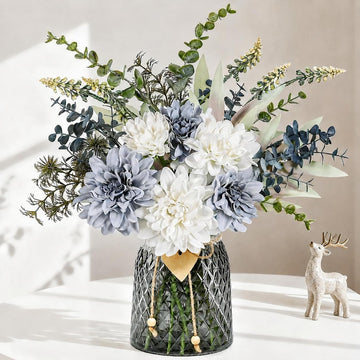 Blue Artificial Flowers with Glass Vase - Realistic Silk Dahlias Hydrangeas Bouquet with Wooden Heart Charm
