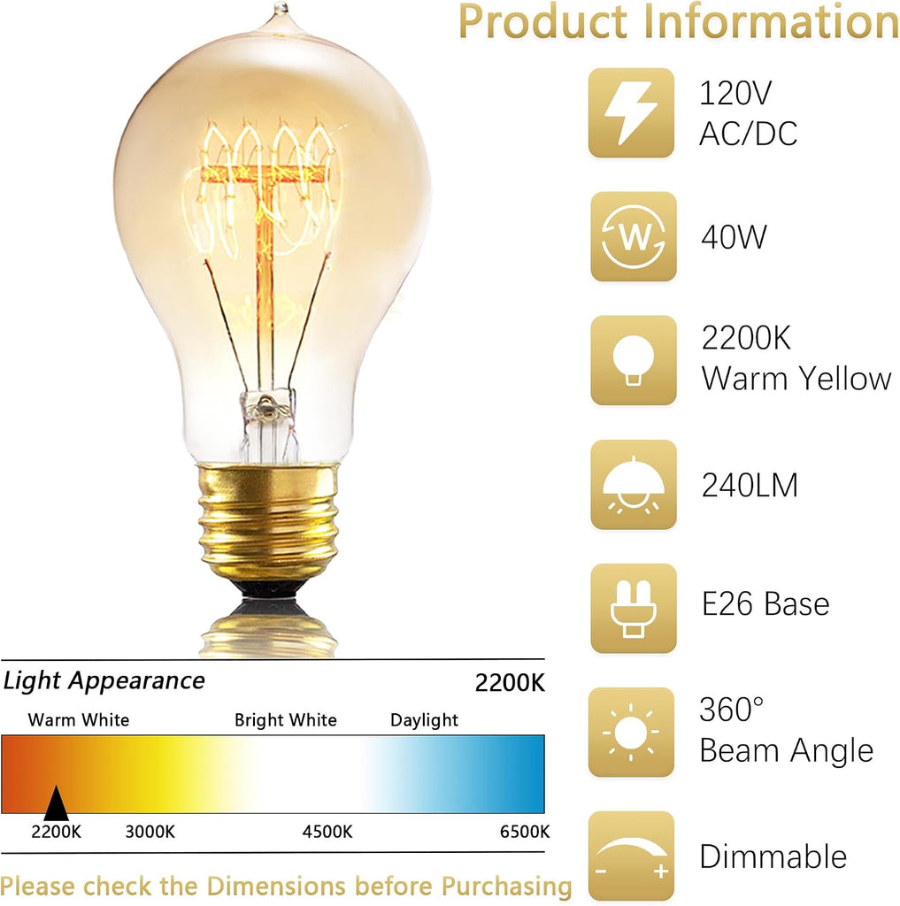A19 Edison Bulbs 40W Dimmable E26 Incandescent Light Bulbs 2 Pack