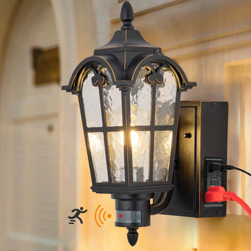 Dusk to Dawn Motion Sensor Outdoor Porch Light with GFCI Outlet, Anti-Rust Waterproof Industrial Outdoor Lantern, UL