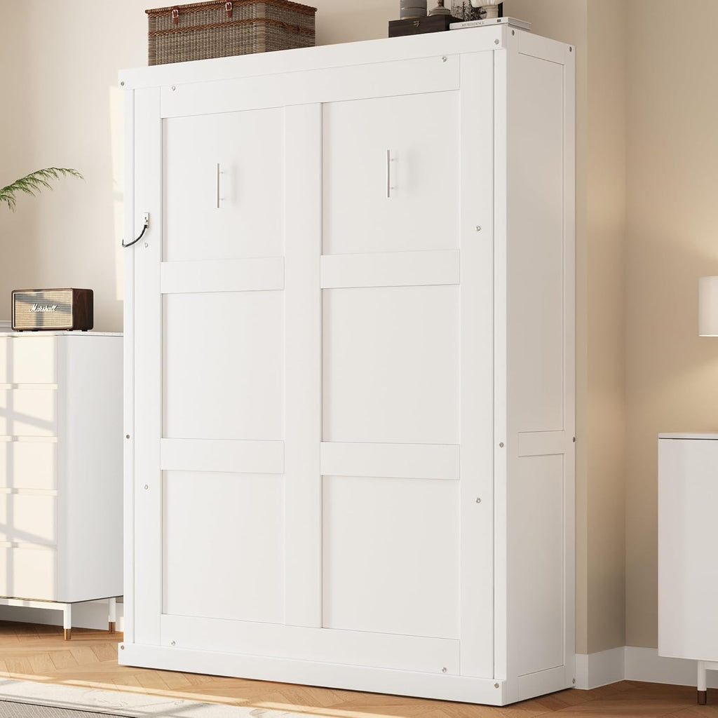 Space Saving Twin Murphy Wall Bed, Folds into Vertical Cabinet, Solid Metal Frame with Wood Slats, No Box Spring