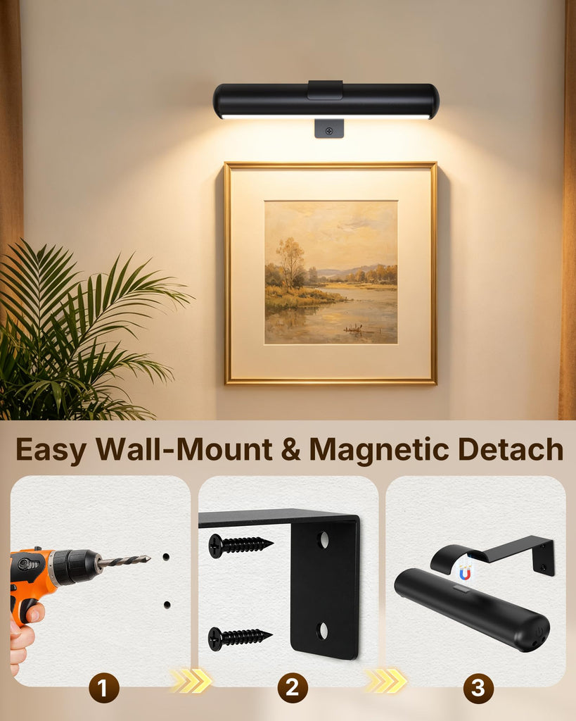 Picture Light for Wall, Rechargeable 2500mAh Battery Lights Cordless with Remote&Timer, 3 Color & Dimmable Magnetic