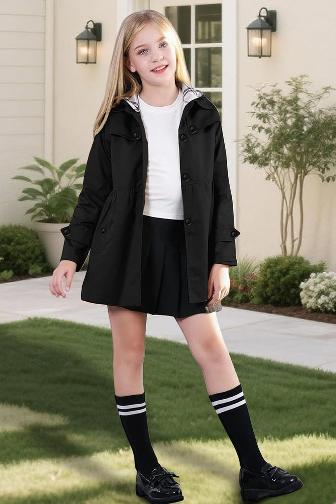 Girl's Single Breasted Trench Coat Hooded Dress Coat Outerwear