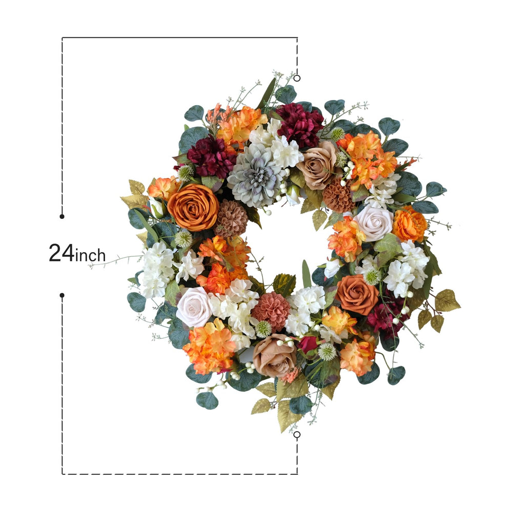 24 Inch Fall Wreath for Front Door with Orange Peony and Dahlia Flowers