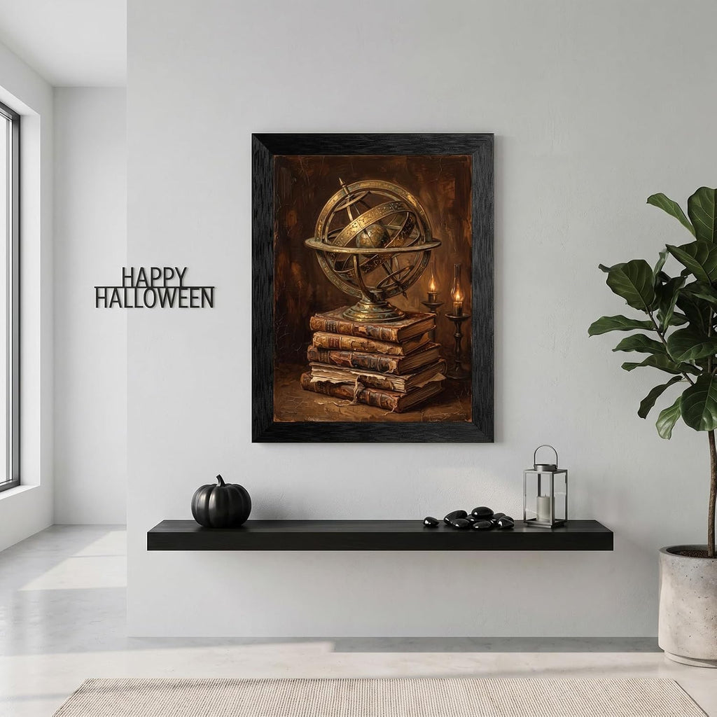 Framed Canvas Wall Art Moody Oil Armillary Sphere and Aged Books Halloween Wall Art Canvas Print Poster Black Frame