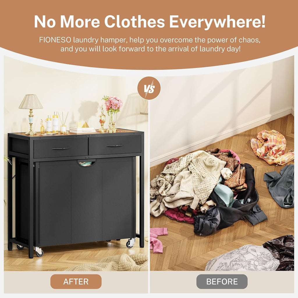 Laundry Sorter, Rolling Laundry Hamper with 3 Section Pull-Out Bags, Laundry Basket Organizer with 2 Drawers & 2-Tone