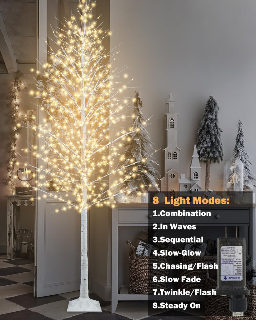 8FT Lighted Birch Tree 1440 LEDs Warm White Lights, 8 Modes Light Up White Artificial Christmas Twig Tree with Timer